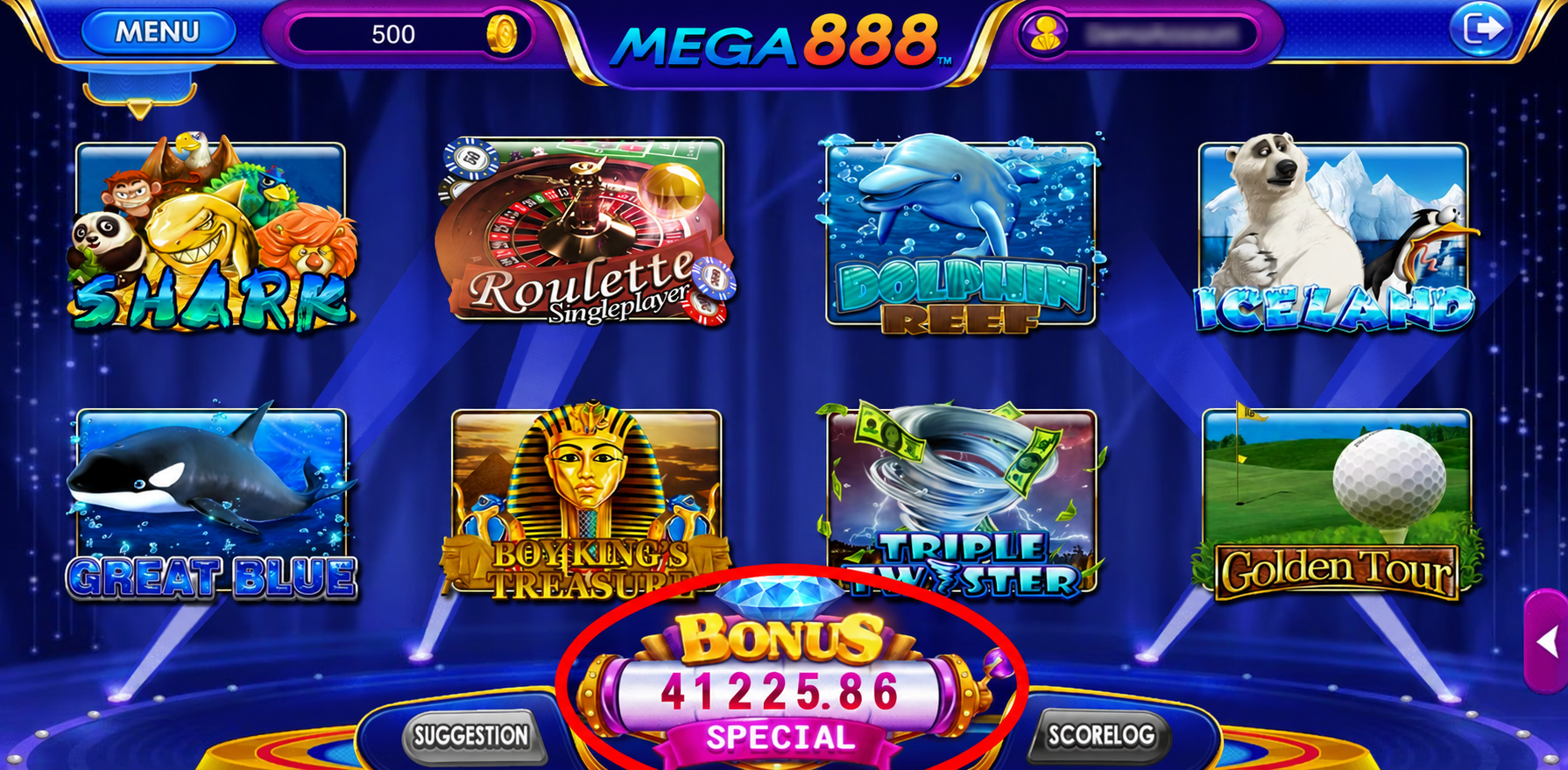 Jackpot meter BONUS SPECIAL pada bahagian bawah lobby Mega888